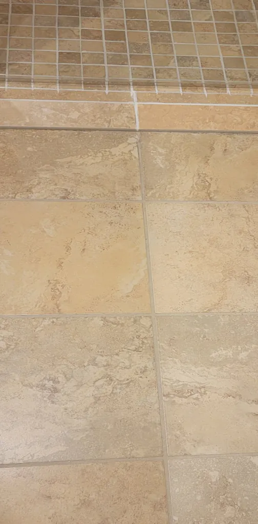 Before: a beige tile bathroom floor by a shower curb, the grout dark and uneven.