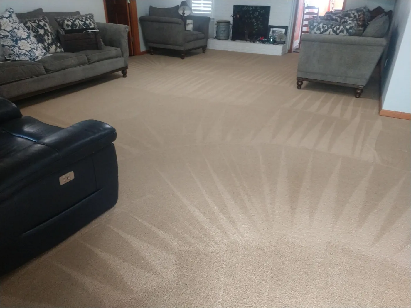 A cleaned carpet in a family room with sofas.