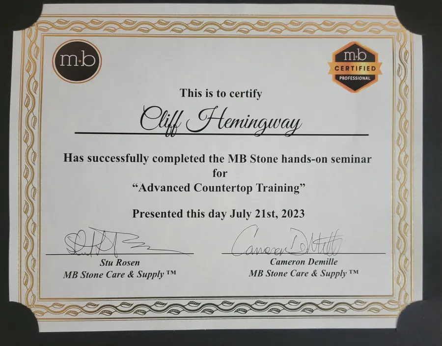 Certificate: Cliff Hemingway has successfully completed the MB Stone hands-on seminar for Advanced Countertop Training, July 21st, 2023.