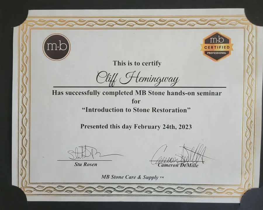 Certificate: Cliff Hemingway has successfully completed the MB Stone hands-on seminar for Introduction to Stone Restoration, February 24th, 2023.