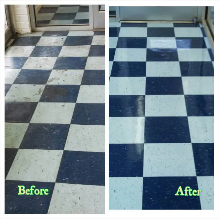 Our before and after of a blue and white checkered floor.