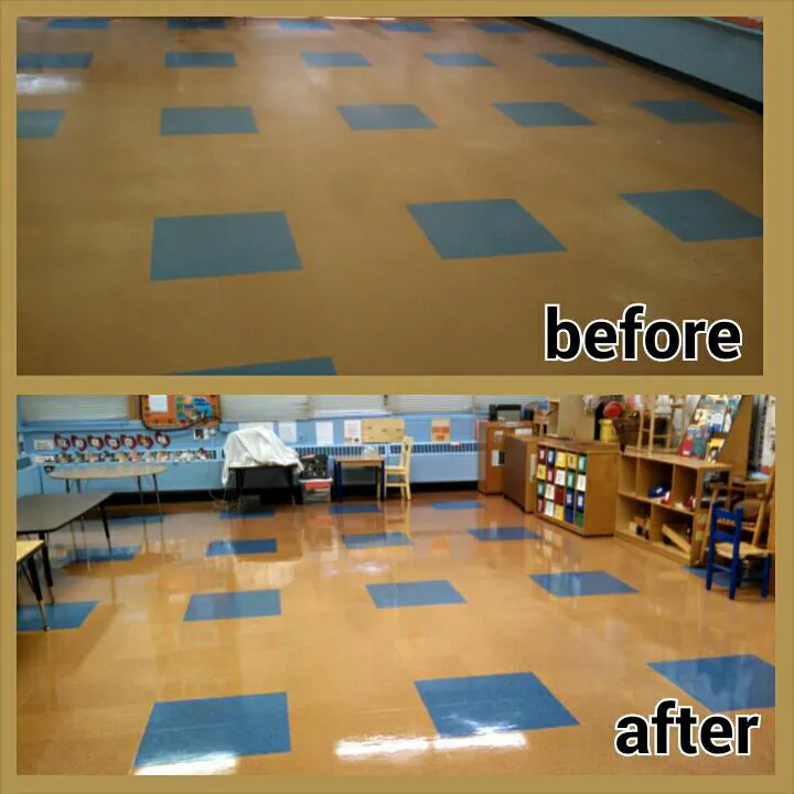 Our before and after of a classroom floor with blue squares, dull before and glossy after.