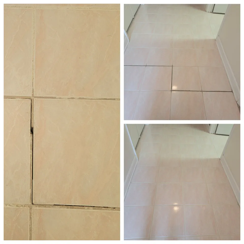 A cracked, open grout line between floor tiles, and the same floor with the grout repaired.