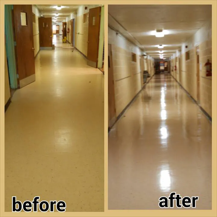 Our before and after of a long hallway floor, dull before and glossy after.