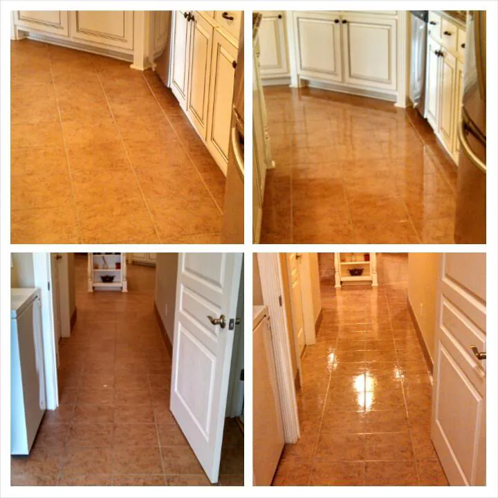 Four photographs from one job: kitchen and hallway tile, dull on the left and glossy on the right.
