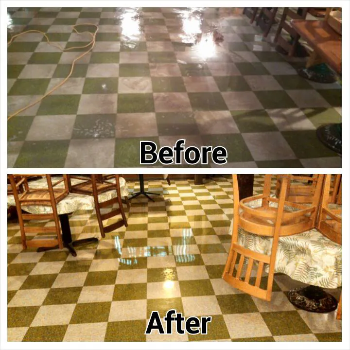 Our before and after of a restaurant's green and white checkered floor.