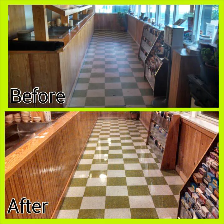 Our before and after of a restaurant's checkered tile floor along a counter.