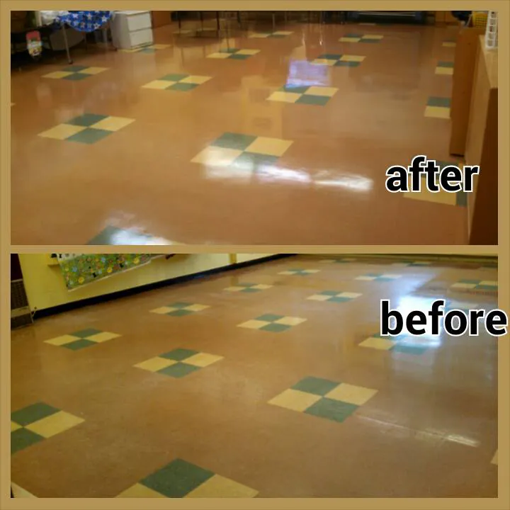 Our after and before of a school floor with green and yellow squares, labelled on the photograph.