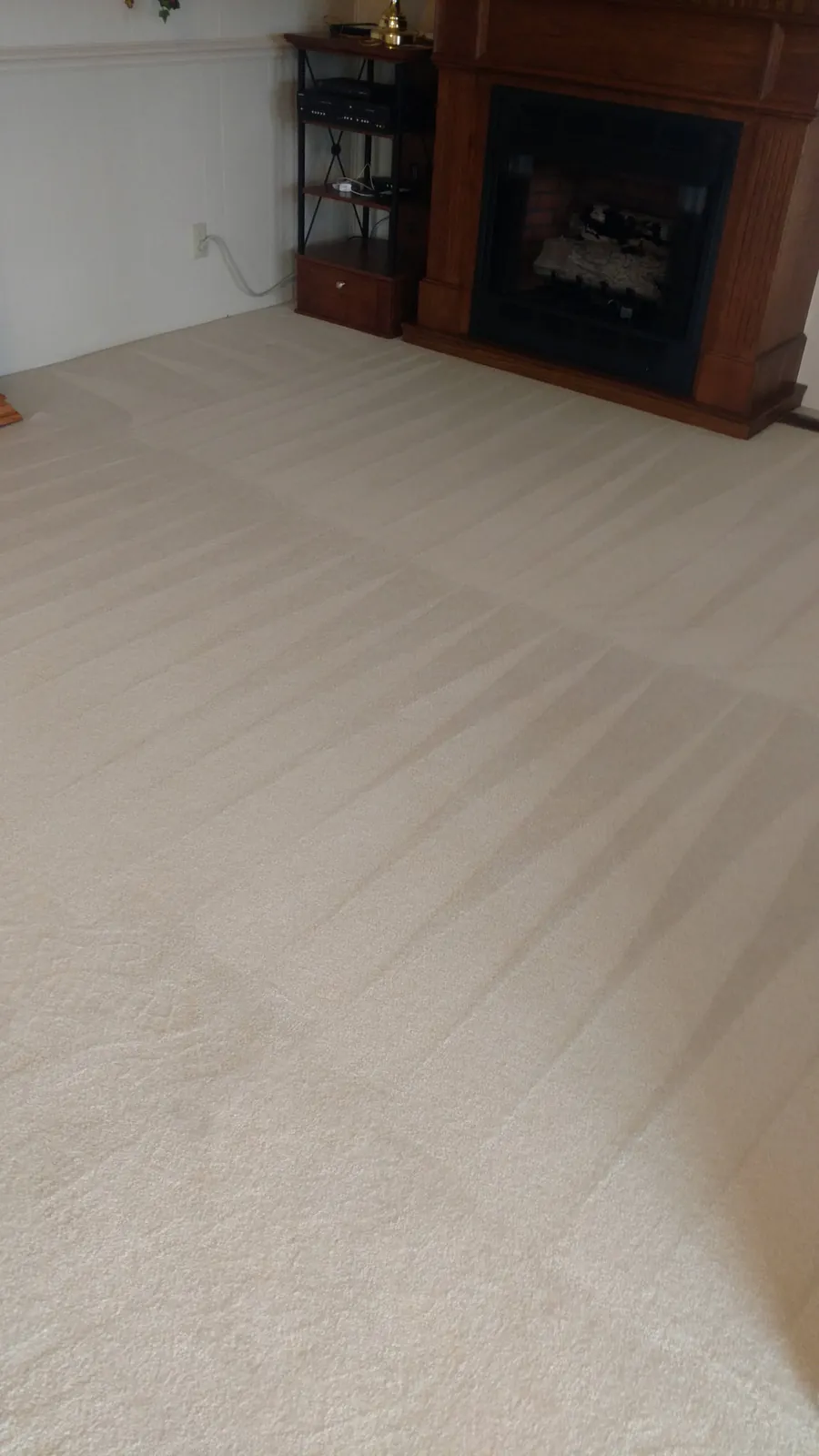 A white carpet after cleaning, lines running across the room.